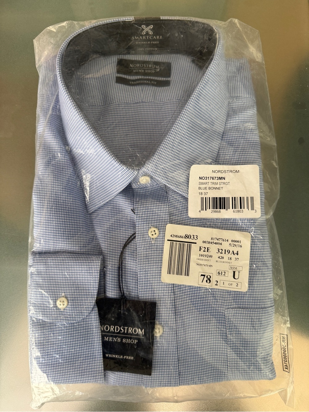 NWT Nordstrom Blue Micro-Check Dress Shirt 18-37